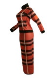 Tangerine Red Fashion Casual Print Basic O Neck Long Sleeve Two Pieces