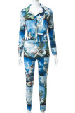 Blue Casual Print Patchwork Buckle Turtleneck Long Sleeve Two Pieces
