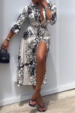 White Fashion Sexy Print Slit Turndown Collar Shirt Dress