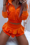 Orange Casual Street Solid Patchwork Flounce Hooded Collar Long Sleeve Two Pieces