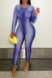 Blue Sexy Print Make Old O Neck Skinny Jumpsuits
