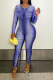Blue Sexy Print Make Old O Neck Skinny Jumpsuits