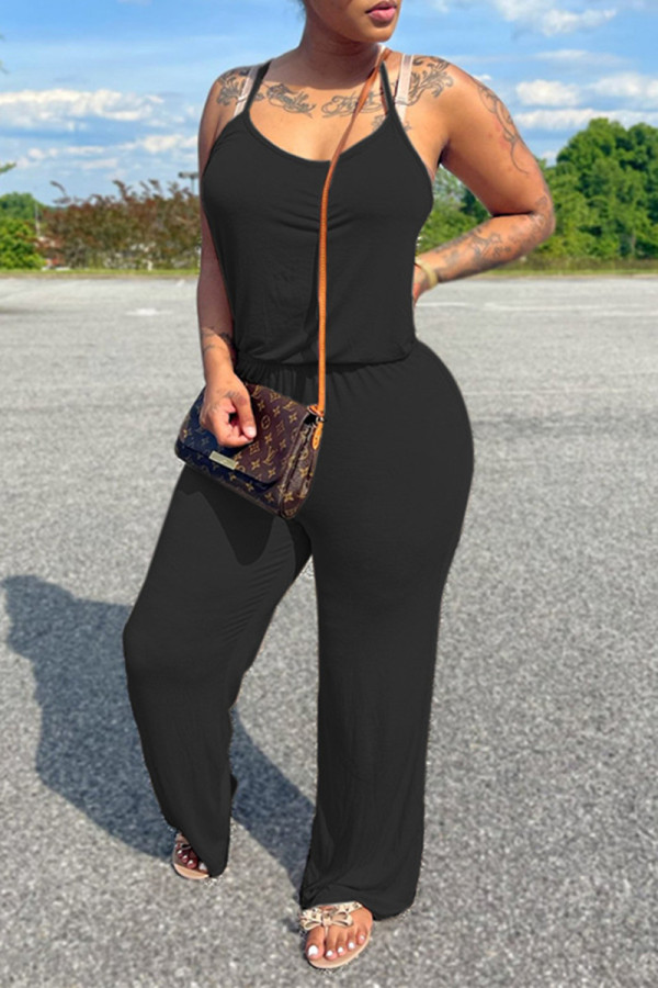 Black Casual Solid Basic Spaghetti Strap Regular Jumpsuits