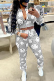 Red Casual Print Patchwork Zipper Mandarin Collar Long Sleeve Two Pieces