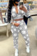 Grey Casual Print Patchwork Zipper Mandarin Collar Long Sleeve Two Pieces