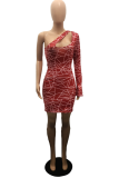 Red Sexy Print Patchwork One Shoulder Pencil Skirt Dresses