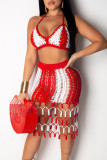 Red Sexy Striped Print Tassel Hollowed Out Split Joint Frenulum Halter Sleeveless Two Pieces