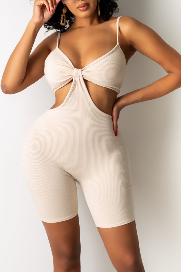Cream White Sexy Solid Patchwork Spaghetti Strap Skinny Rompers