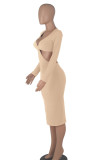 Pink Sexy Solid Hollowed Out Patchwork V Neck Pencil Skirt Dresses