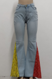 Blue Casual Print Split Joint Mid Waist Boot Cut Denim Jeans