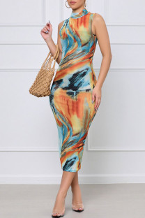Colour Elegant Print Split Joint O Neck One Step Skirt Dresses
