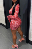 Red Sexy Print Patchwork One Shoulder Pencil Skirt Dresses
