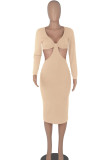 Pink Sexy Solid Hollowed Out Patchwork V Neck Pencil Skirt Dresses