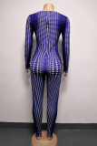 Blue Sexy Print Make Old O Neck Skinny Jumpsuits