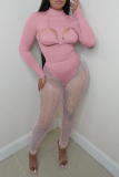 Pink Sexy Solid Mesh Skinny Jumpsuits