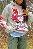 Grey Fashion Casual Skull Head Print Basic Hooded Collar Tops