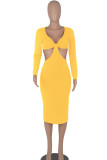 Pink Sexy Solid Hollowed Out Patchwork V Neck Pencil Skirt Dresses