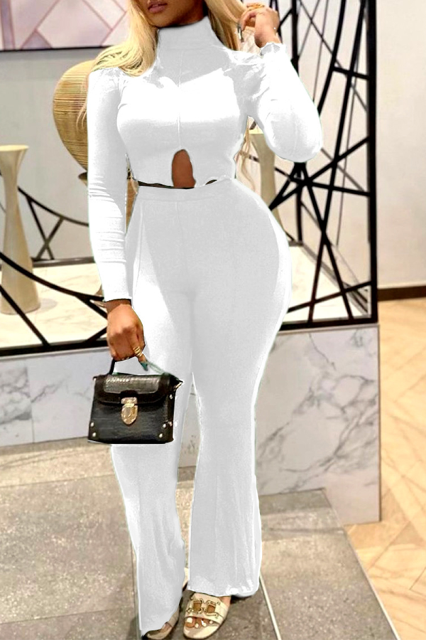 White Sexy Solid Patchwork Half A Turtleneck Long Sleeve Two Pieces