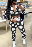 Red Casual Print Patchwork Zipper Mandarin Collar Long Sleeve Two Pieces