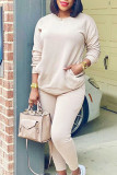 Apricot Casual Solid Split Joint O Neck Long Sleeve Two Pieces