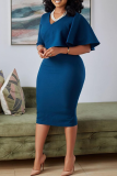 Deep Blue Casual Solid Flounce V Neck Pencil Skirt Dresses
