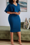 Deep Blue Casual Solid Flounce V Neck Pencil Skirt Dresses