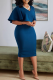 Deep Blue Casual Solid Flounce V Neck Pencil Skirt Dresses