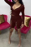 Grey Sexy Casual Solid Bandage Hollowed Out V Neck Long Sleeve Two Pieces