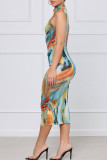Colour Elegant Print Split Joint O Neck One Step Skirt Dresses