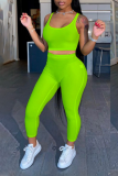 Fluorescent Green Fashion Sexy Sportswear Solid Patchwork O Neck Sleeveless Two Pieces