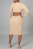 Pink Sexy Solid Hollowed Out Patchwork V Neck Pencil Skirt Dresses