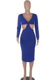 Pink Sexy Solid Hollowed Out Patchwork V Neck Pencil Skirt Dresses