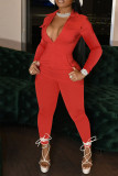 Red Casual Solid Patchwork Zipper Turndown Collar Regular Jumpsuits