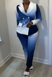Blue Casual Work Gradual Change Print Patchwork Turn-back Collar Long Sleeve Two Pieces