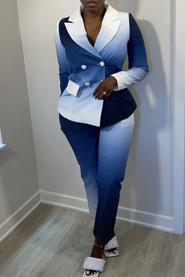 Blue Casual Work Gradual Change Print Patchwork Turn-back Collar Long Sleeve Two Pieces
