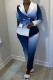 Blue Casual Work Gradual Change Print Patchwork Turn-back Collar Long Sleeve Two Pieces