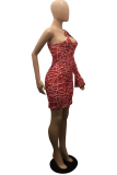 Red Sexy Print Patchwork One Shoulder Pencil Skirt Dresses