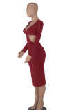 Pink Sexy Solid Hollowed Out Patchwork V Neck Pencil Skirt Dresses