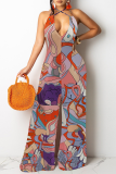 Pink Sexy Print Patchwork Halter Straight Jumpsuits