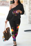 Black Street Print Patchwork Off the Shoulder Long Sleeve Two Pieces