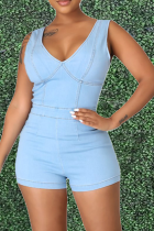 Blue Sexy Solid Patchwork V Neck Skinny Rompers