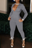 Red Casual Solid Patchwork Zipper Turndown Collar Regular Jumpsuits