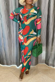 Green Street Print Patchwork O Neck Pencil Skirt Dresses