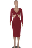Pink Sexy Solid Hollowed Out Patchwork V Neck Pencil Skirt Dresses