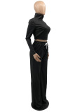 Black Fashion Casual Solid Cardigan Zipper Collar Long Sleeve Two Pieces