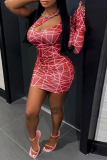 Red Sexy Print Patchwork One Shoulder Pencil Skirt Dresses