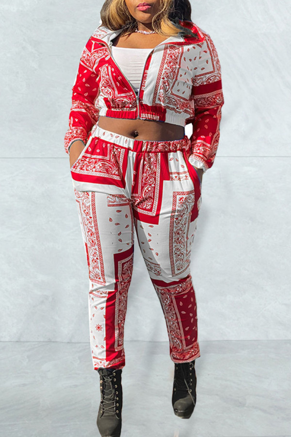 Red Casual Print Patchwork Zipper Zipper Collar Long Sleeve Two Pieces
