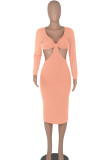 Pink Sexy Solid Hollowed Out Patchwork V Neck Pencil Skirt Dresses