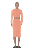Pink Sexy Solid Hollowed Out Patchwork V Neck Pencil Skirt Dresses