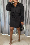 Black Casual Solid Pocket With Belt Turndown Collar A Line Dresses